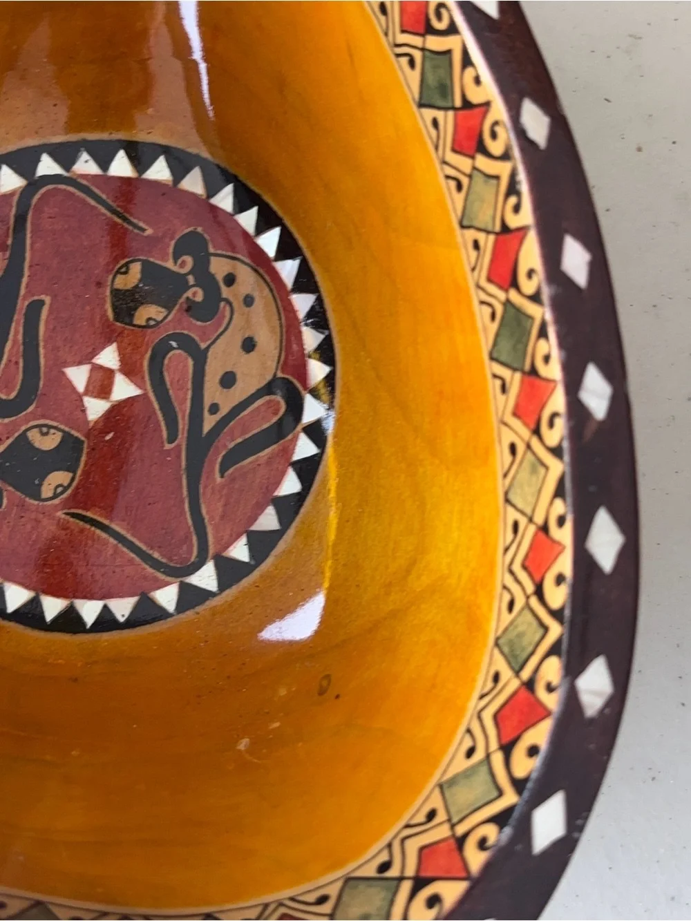 Hand Carved Wooden Bowl Mother of Pearl Inlay Animal Motif Tribal South Africa?